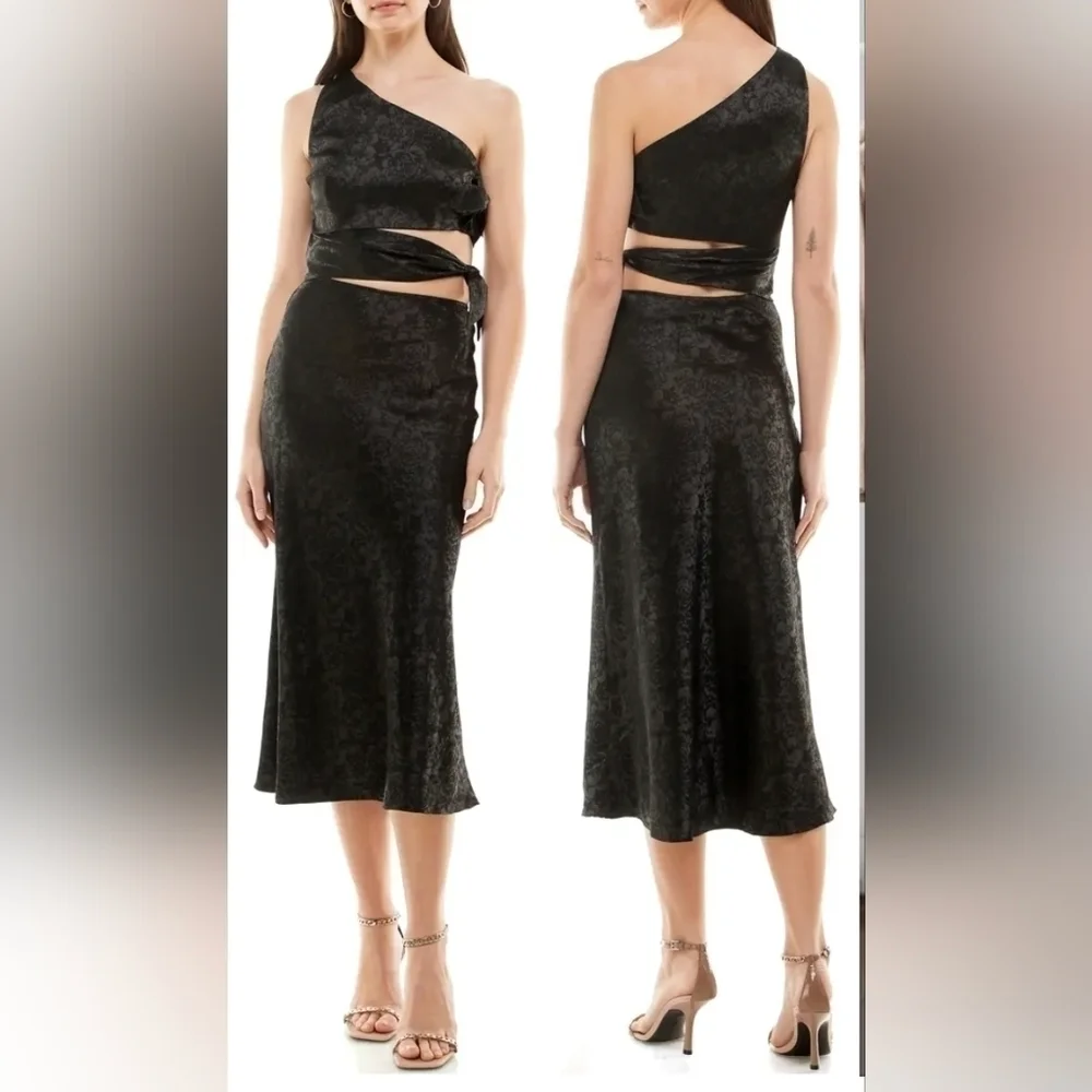 WAYF Untouchable Floral Jacquard Cutout Detail One-Shoulder Dress BLACK Sz Small - Picture 1 of 8